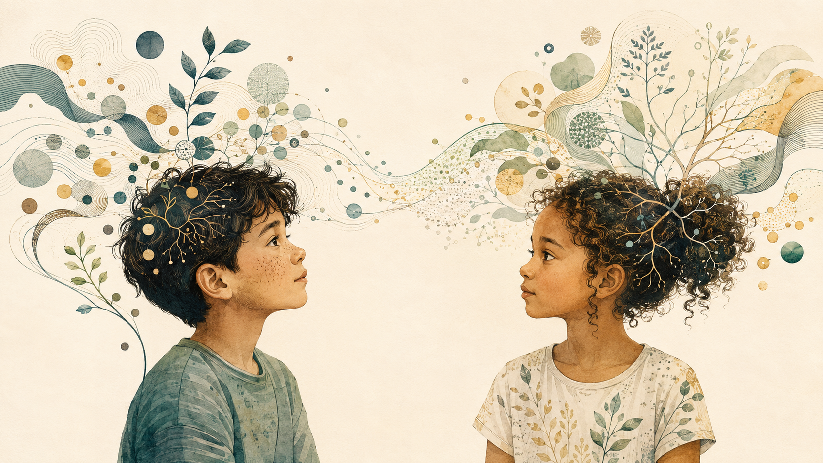 Un niño y una niña bajo una constelación, representados con formas y patrones diferentes
