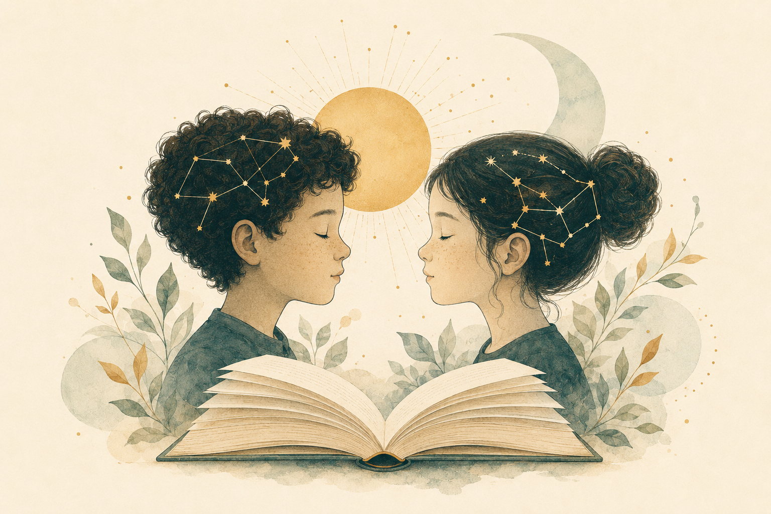 Un niño y una niña comparten un libro; cada mente muestra una constelación diferente